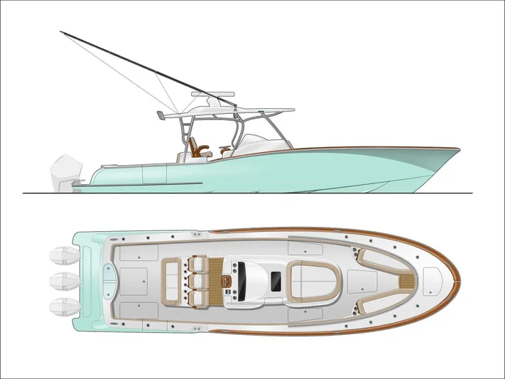  Yacht Photos Pics 2025 Mag Bay 38 CC boat design, side and top view, featuring sleek lines and triple engines.