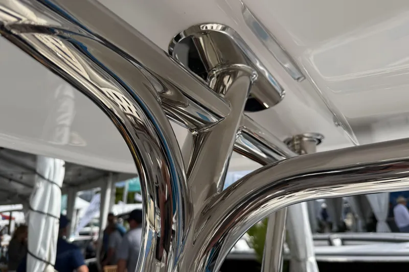  Yacht Photos Pics Close-up of polished metal structure on 2026 Mag Bay 38 CC boat.