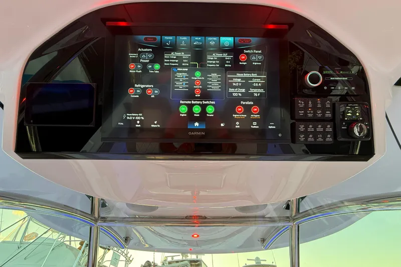  Yacht Photos Pics Control panel of 2026 Mag Bay 38 CC boat with advanced navigation and system displays.