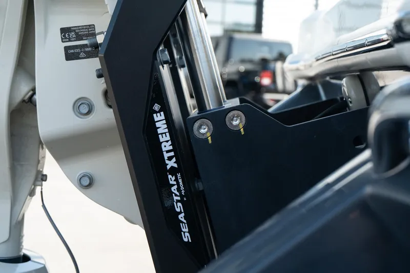  Yacht Photos Pics Close-up of SeaStar Xtreme hydraulic steering on 2025 Scout 261 XSS boat.