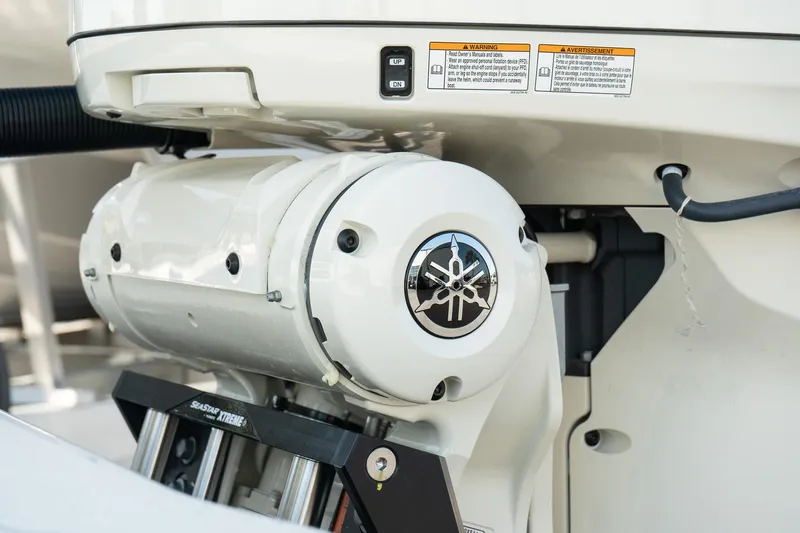  Yacht Photos Pics Close-up of 2025 Scout 261 XSS boat engine detail.