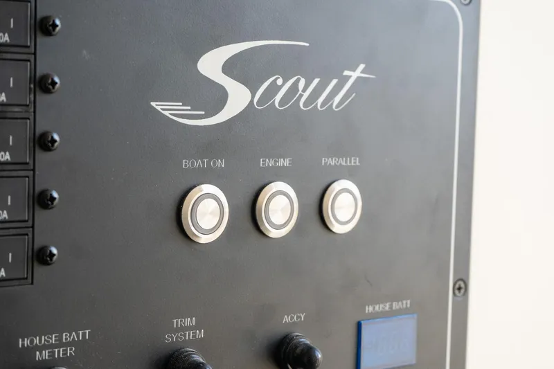  Yacht Photos Pics Control panel of 2025 Scout 261 XSS boat with labeled buttons.