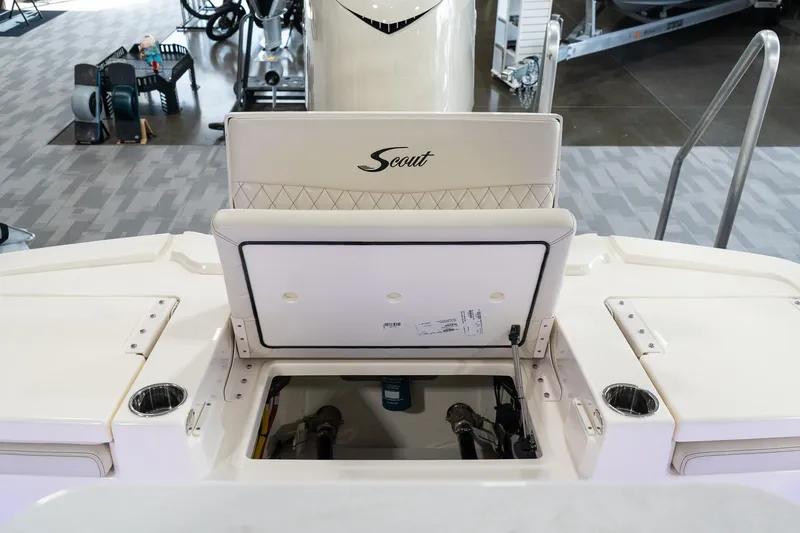  Yacht Photos Pics 2025 Scout 261 XSS boat interior with open storage compartment.