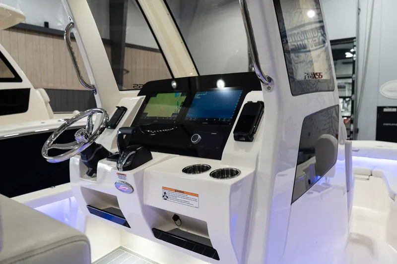  Yacht Photos Pics 2025 Scout 261 XSS boat dashboard with modern controls and dual screens.