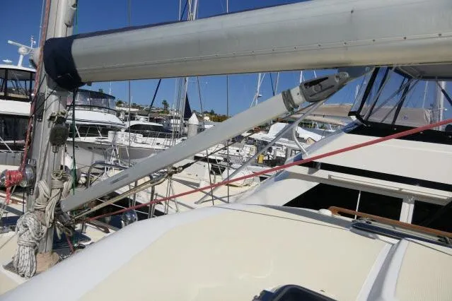 Peregrine Yacht Photos Pics Tayana 460 Vancouver Pilothouse 2002 sailboat deck with rigging in marina.