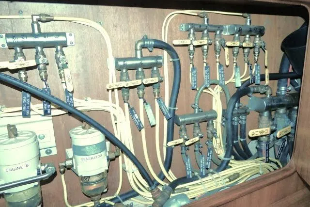 Peregrine Yacht Photos Pics Electrical panel and wiring in a 2002 Tayana 460 Vancouver Pilothouse yacht.