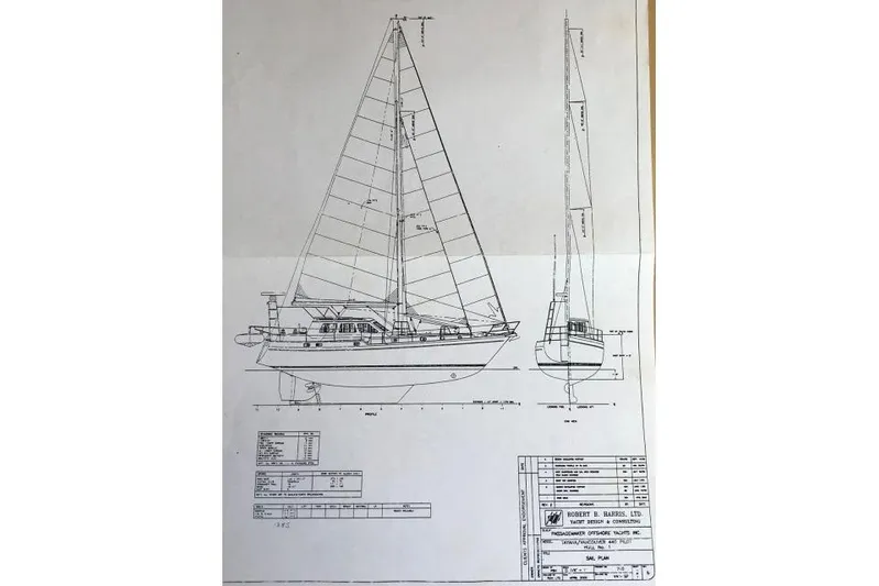 Peregrine Yacht Photos Pics Blueprint of 2002 Tayana 460 Vancouver Pilothouse sailboat, detailed side and front views.