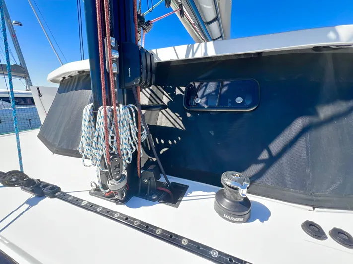 Silver Chain Yacht Photos Pics 2024 Balance 442 sailboat deck with rigging and winch under clear blue sky.