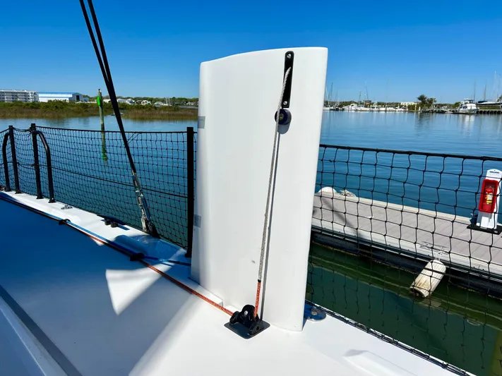 Silver Chain Yacht Photos Pics Sailboat deck with modern rigging, Balance 442, 2024 model, docked by calm waters.