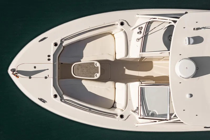  Yacht Photos Pics Overhead view of 2018 Grady-White Freedom 307 boat, showcasing spacious seating and sleek design.