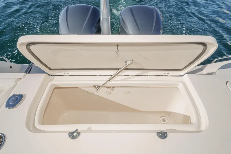  Yacht Photos Pics Open storage compartment on 2018 Grady-White Freedom 307 boat, with ocean background.