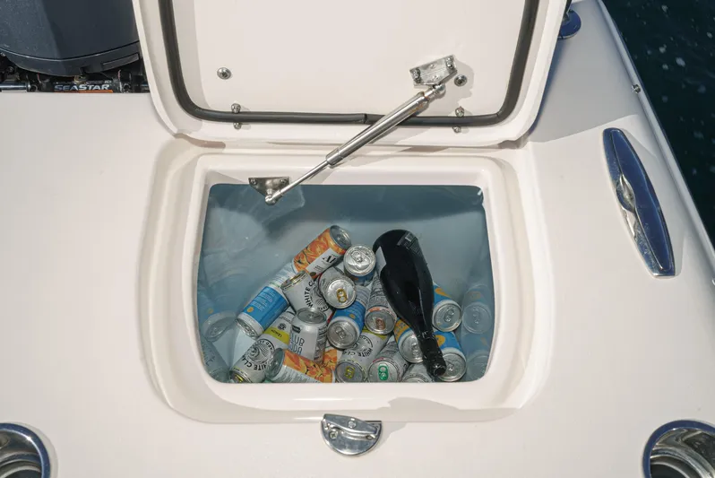  Yacht Photos Pics Built-in cooler on 2018 Grady-White Freedom 307 boat, filled with assorted beverage cans.