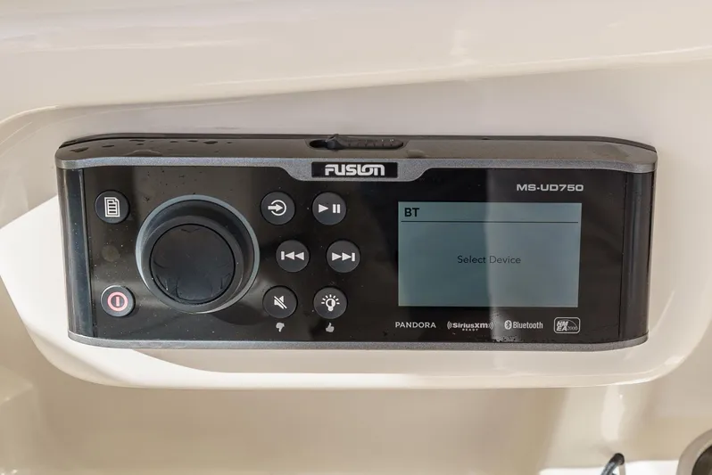  Yacht Photos Pics Fusion MS-UD750 stereo system on 2018 Grady-White Freedom 307 boat dashboard.
