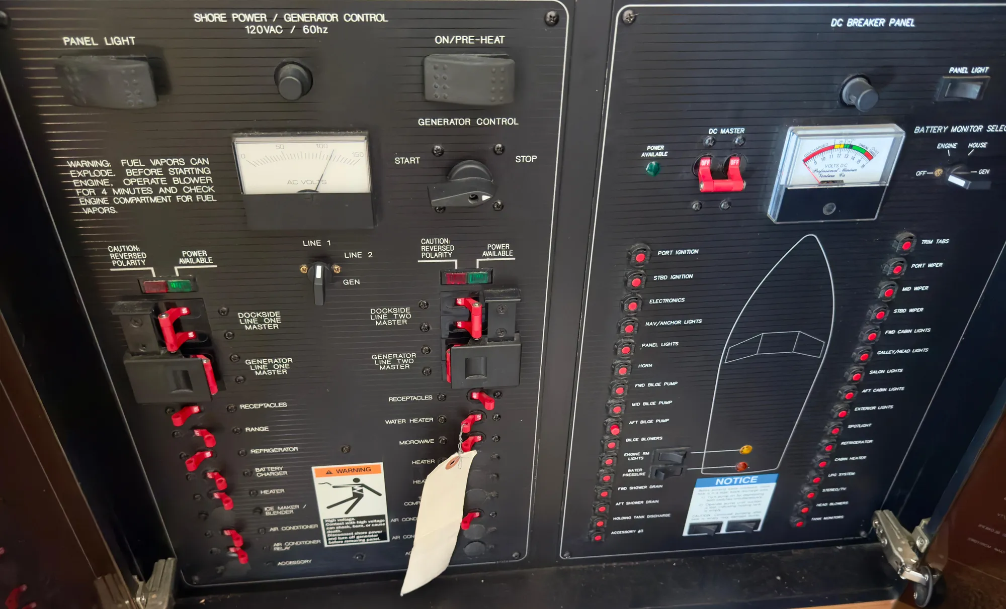 Electrical control panel of a 1998 Bayliner 3388 Command Bridge Motoryacht.