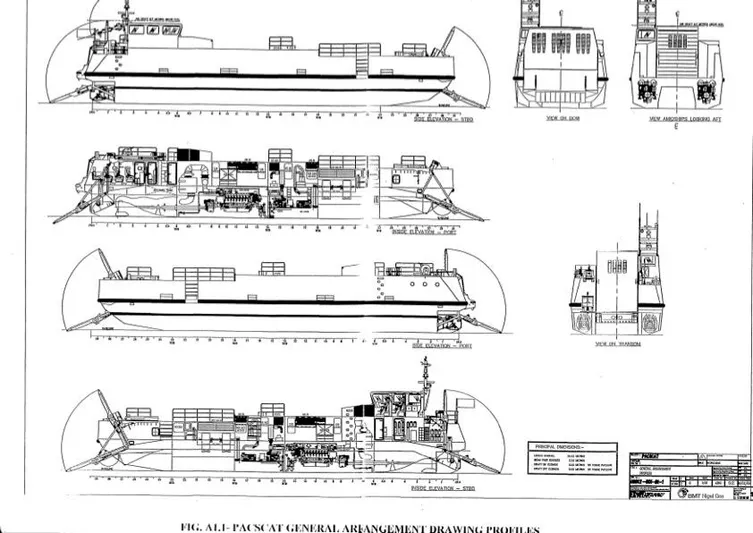 T1 Yacht Photos Pics Blueprint of 2009 Custom Aluminum Landing Craft, detailed side and top views.