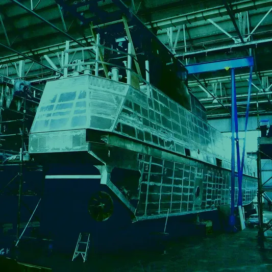 T1 Yacht Photos Pics Custom 2009 Aluminum Landing Craft under construction in a shipyard.