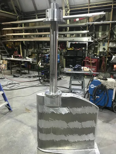 T1 Yacht Photos Pics Aluminum landing craft rudder in workshop, Custom model, 2009.