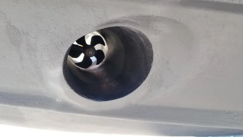 Denial Yacht Photos Pics Bow thruster on a 2012 Cutwater C-28 boat hull.