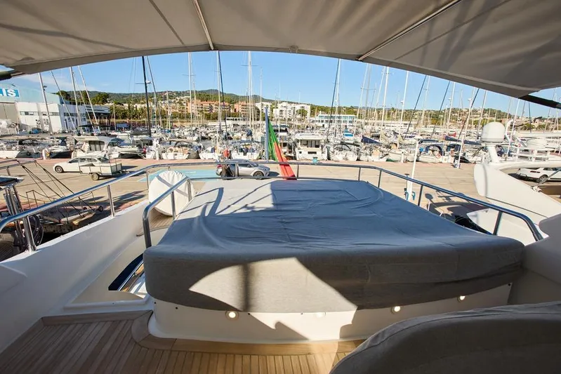 Pobedy I Yacht Photos Pics Luxury Maiora 26.5 yacht deck view, 2004 model, overlooking marina with sailboats.