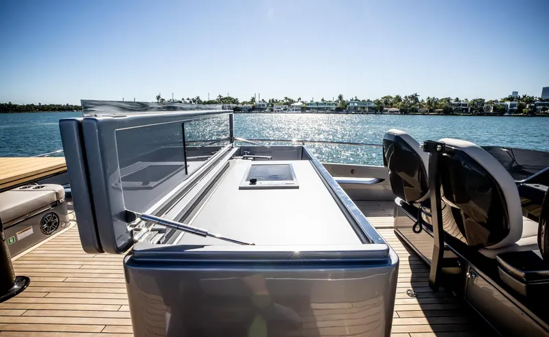  Yacht Photos Pics Luxury deck of 2025 Pershing GTX 80 yacht with sleek design and ocean view.