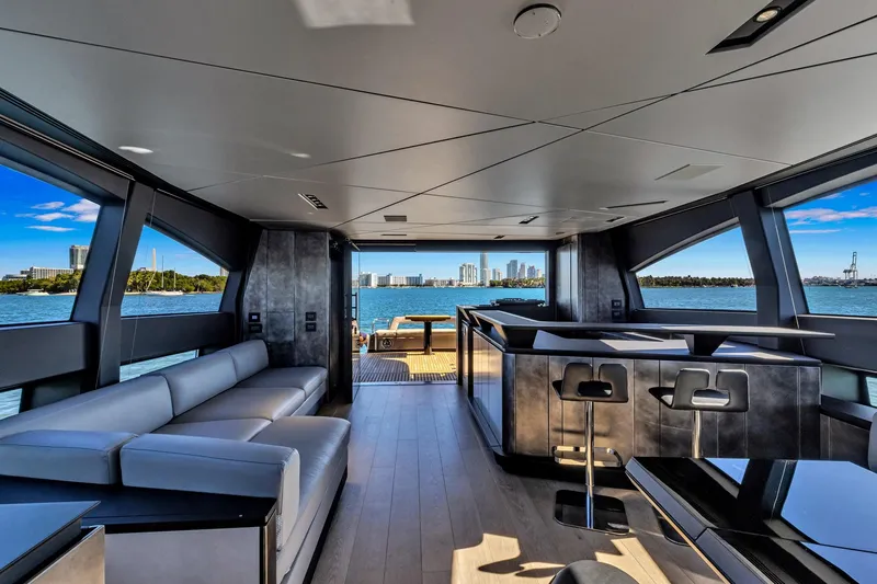  Yacht Photos Pics Luxurious interior of 2025 Pershing GTX 80 yacht with panoramic ocean views.