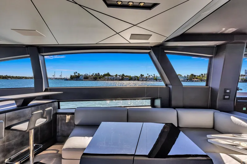  Yacht Photos Pics Luxurious interior of 2025 Pershing GTX 80 yacht with ocean view.