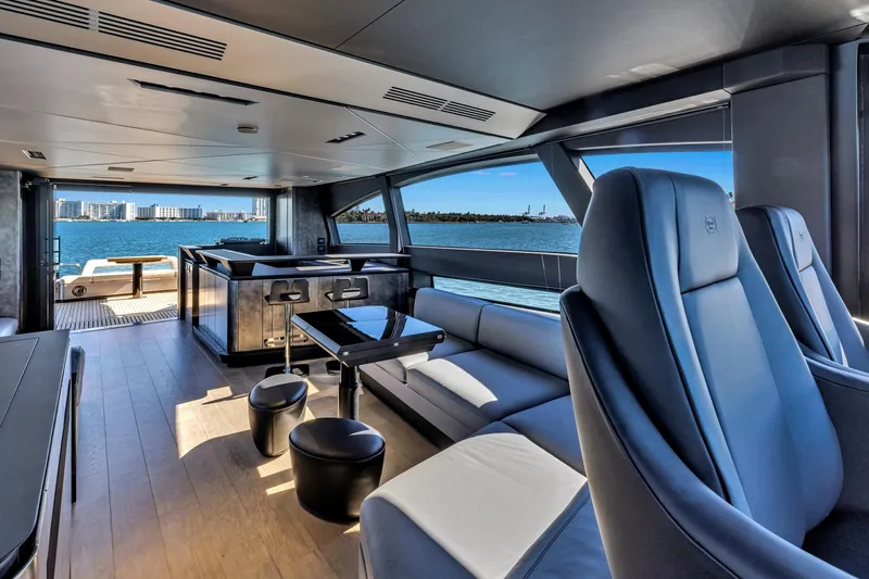  Yacht Photos Pics Luxurious interior of 2025 Pershing GTX 80 yacht with modern seating and ocean view.