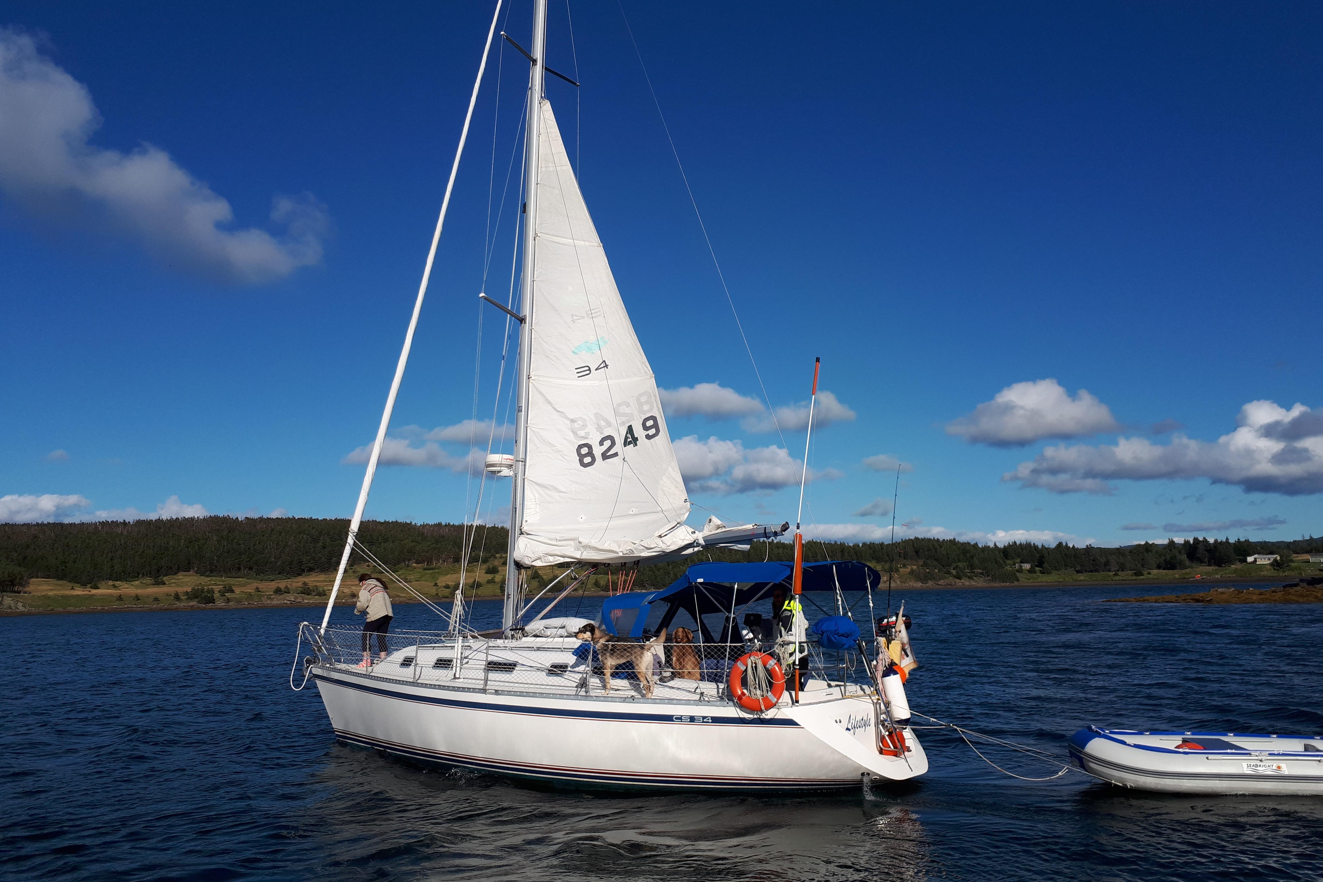 Sailboat on calm water, CS 34 model, 1990, with people onboard under clear blue sky.