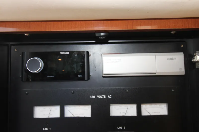 Rowdy Rio Yacht Photos Pics Electrical panel of 2008 Sea Ray 44 Sundancer with Fusion and Cailon components.