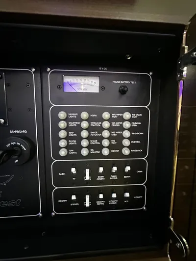  Yacht Photos Pics Control panel of a 2022 Boston Whaler 345 Conquest boat.