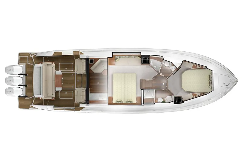  Yacht Photos Pics Manufacturer Provided Image: 2025 Tiara Yachts 48 LE top view layout with cabins and deck.