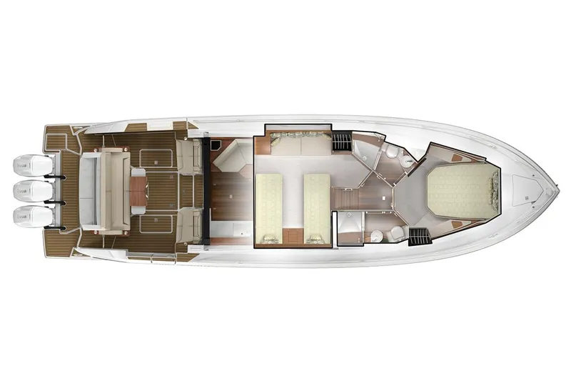  Yacht Photos Pics Manufacturer Provided Image: 2025 Tiara Yachts 48 LE floor plan, showcasing spacious interior and triple outboard engines.