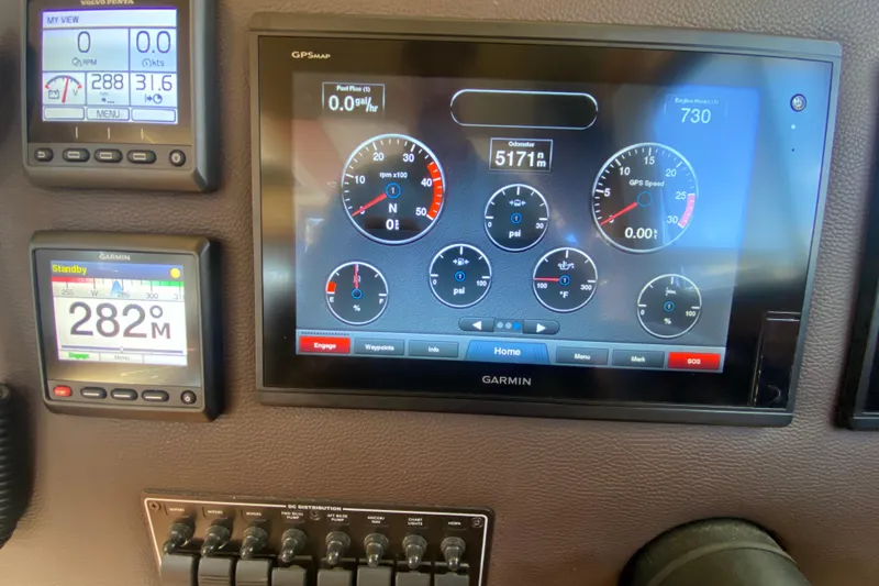  Yacht Photos Pics Dashboard of a 2019 Ranger Tugs R-29 S with Garmin navigation displays.