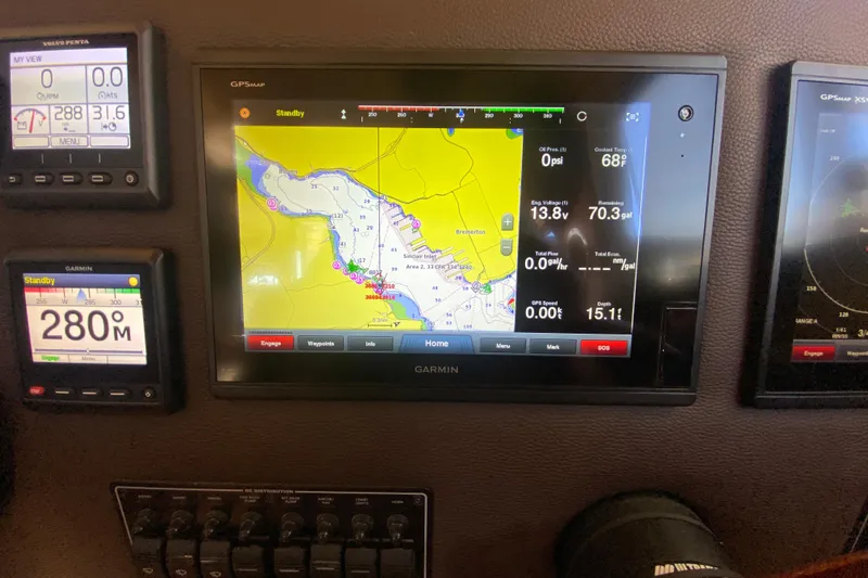  Yacht Photos Pics Dashboard of a 2019 Ranger Tugs R-29 S with Garmin navigation displays.