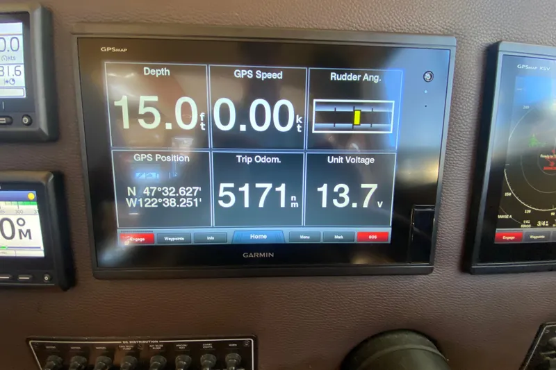  Yacht Photos Pics Garmin display on 2019 Ranger Tugs R-29 S showing depth, GPS, and voltage.