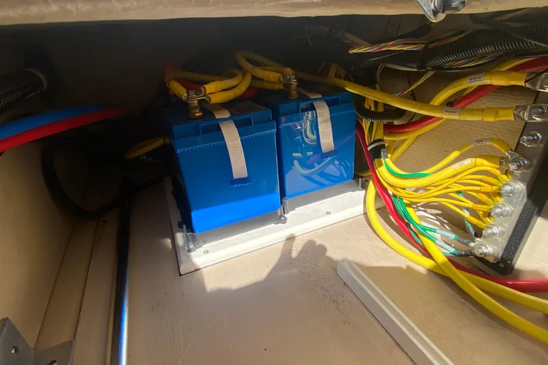  Yacht Photos Pics 2019 Ranger Tugs R-29 S electrical system with blue batteries and colorful wiring.