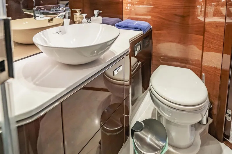 Endeavor Yacht Photos Pics Luxurious bathroom in 2019 Princess F55 yacht with modern sink and toilet.