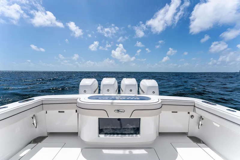Engine Warranty X Seakeeper Yacht Photos Pics 2021 Valhalla Boatworks V-41 on open sea, featuring sleek design and powerful engines.