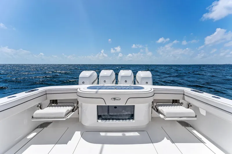 Engine Warranty X Seakeeper Yacht Photos Pics 2021 Valhalla Boatworks V-41 with quad engines, open sea view, clear sky.