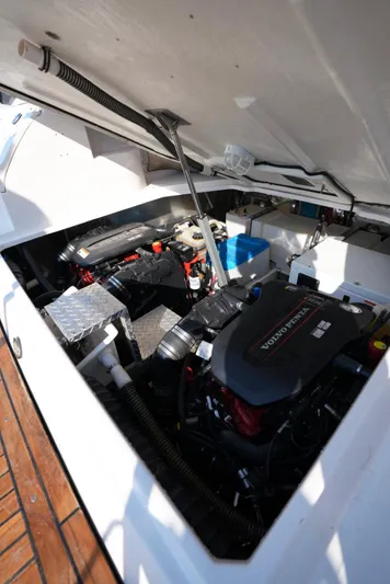  Yacht Photos Pics Engine compartment of 2014 Regal 38 Express boat with Volvo Penta engines.
