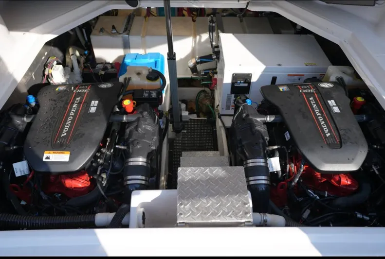  Yacht Photos Pics Engine compartment of 2014 Regal 38 Express with dual Volvo Penta engines.