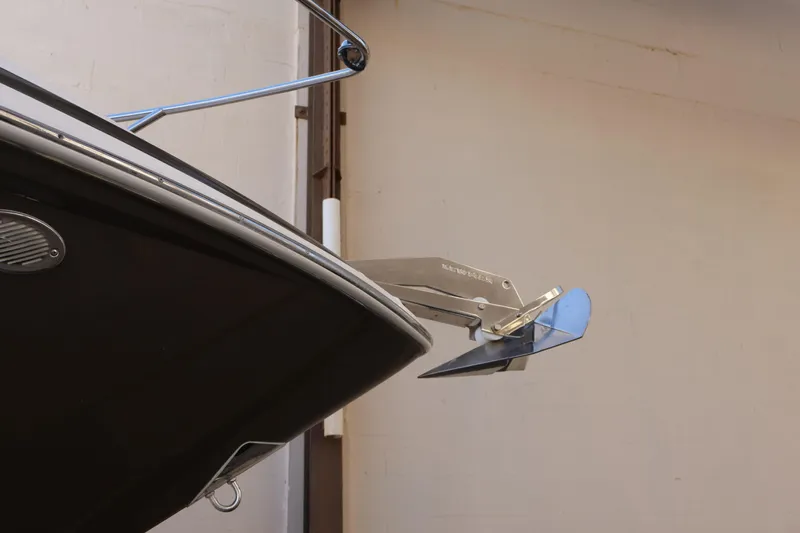  Yacht Photos Pics Bow of 2018 Regal 28 Express boat with anchor in storage.