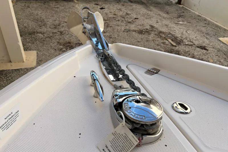  Yacht Photos Pics 2018 Regal 28 Express boat anchor system with chain and cleat on deck.