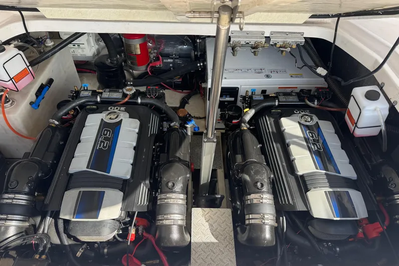  Yacht Photos Pics Engine compartment of a 2013 Regal 35 Sport Coupe with twin 6.2-liter engines.