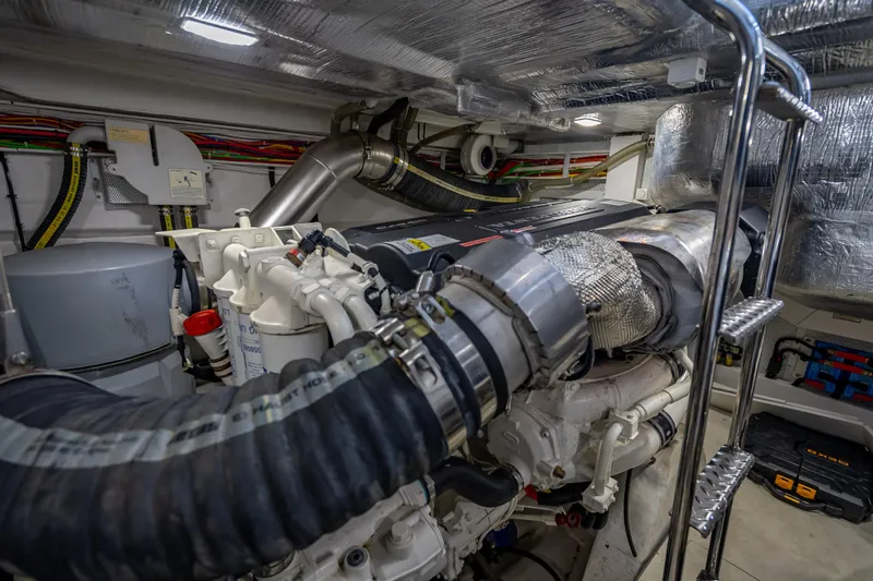 Yacht Photos Pics Engine room of 2021 Galeon 500 Fly yacht with visible machinery and components.