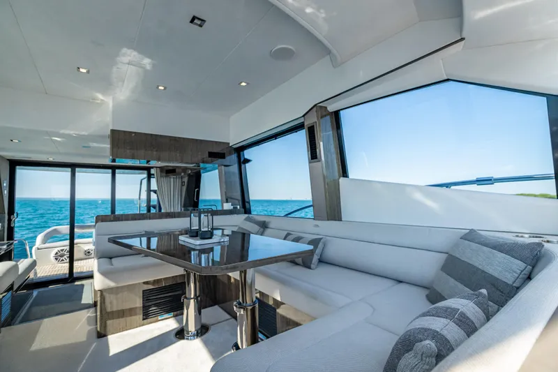  Yacht Photos Pics Interior of 2021 Galeon 500 Fly yacht with modern seating and ocean view.