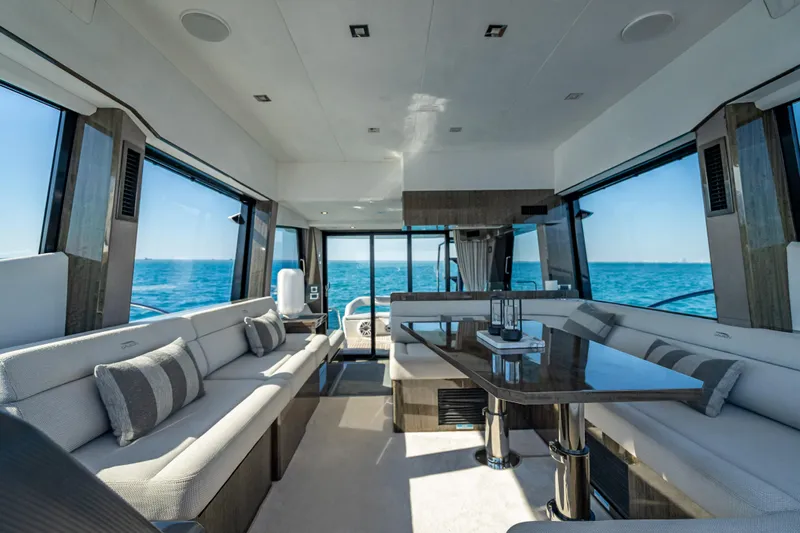  Yacht Photos Pics Luxurious interior of 2021 Galeon 500 Fly yacht with ocean view.