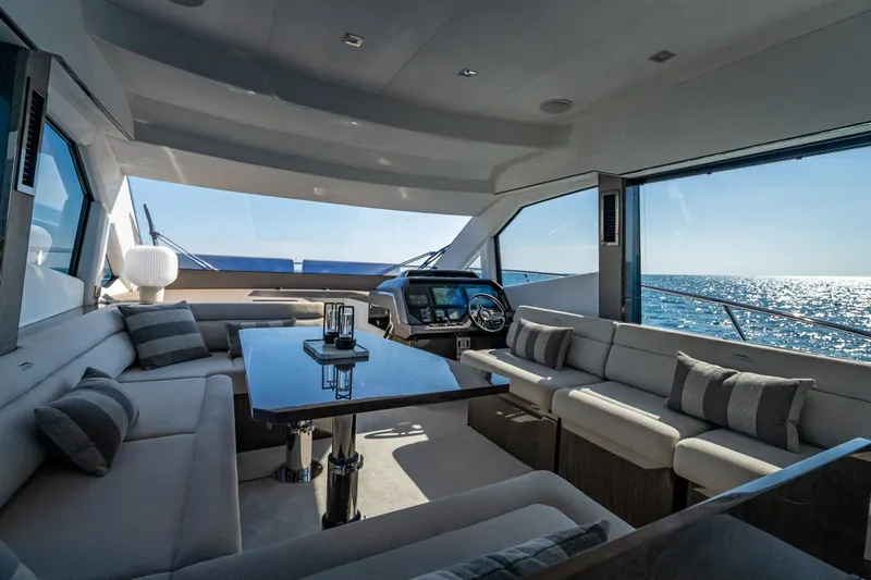  Yacht Photos Pics Luxurious interior of 2021 Galeon 500 Fly yacht with ocean view.