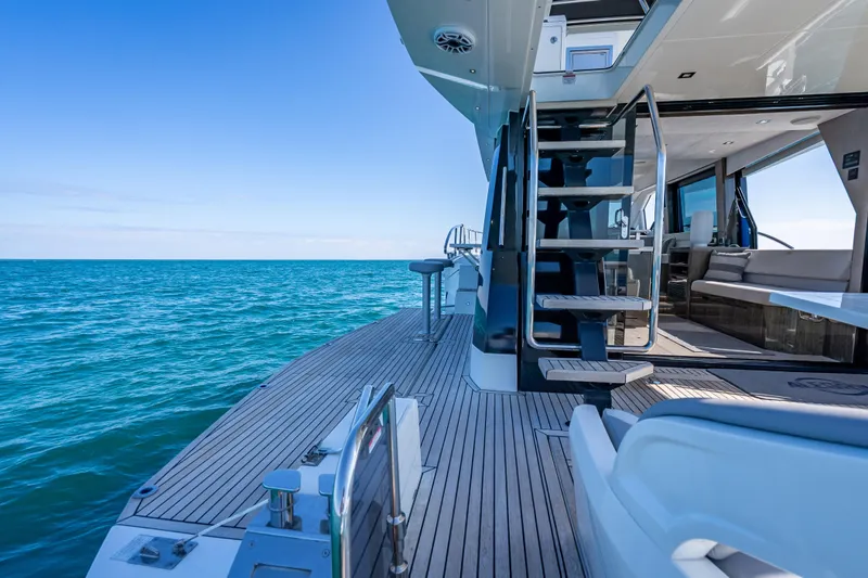  Yacht Photos Pics 2021 Galeon 500 Fly yacht deck with ocean view and modern interior.