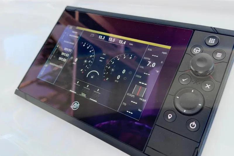  Yacht Photos Pics Dashboard display of 2022 Intrepid 407 Panacea boat, showing navigation and performance metrics.